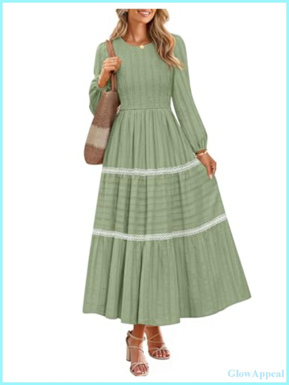 Long Sleeve Crewneck Maxi Dress with Smocked Waist and Tiered Layers